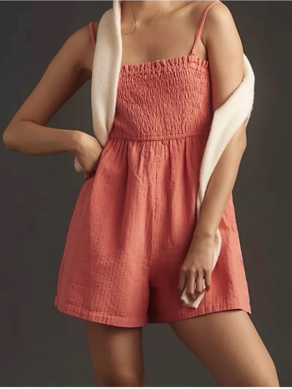 Anthropologie Pilcro Sleeveless Smocked Romper Coral Size M with Pockets NWT